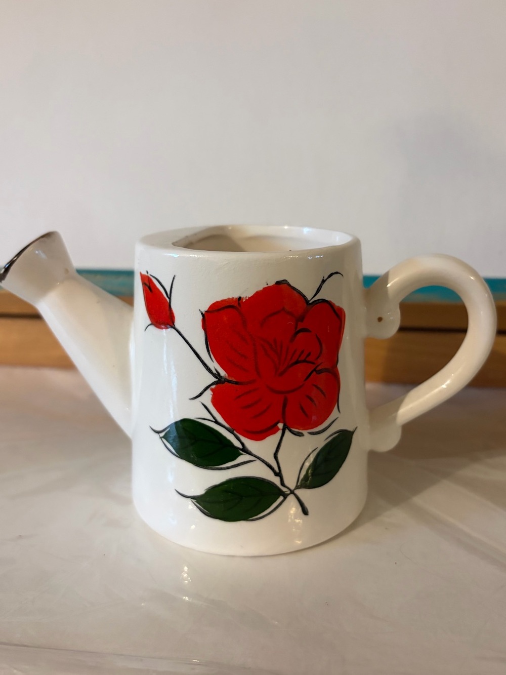 White Ceramic Watering Can with Red Floral Design - Handpainted in Japan
